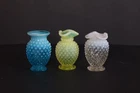 Fenton Glass Hobnail Miniature Vase Lot: Sapphire, Vaseline, Milk Colored