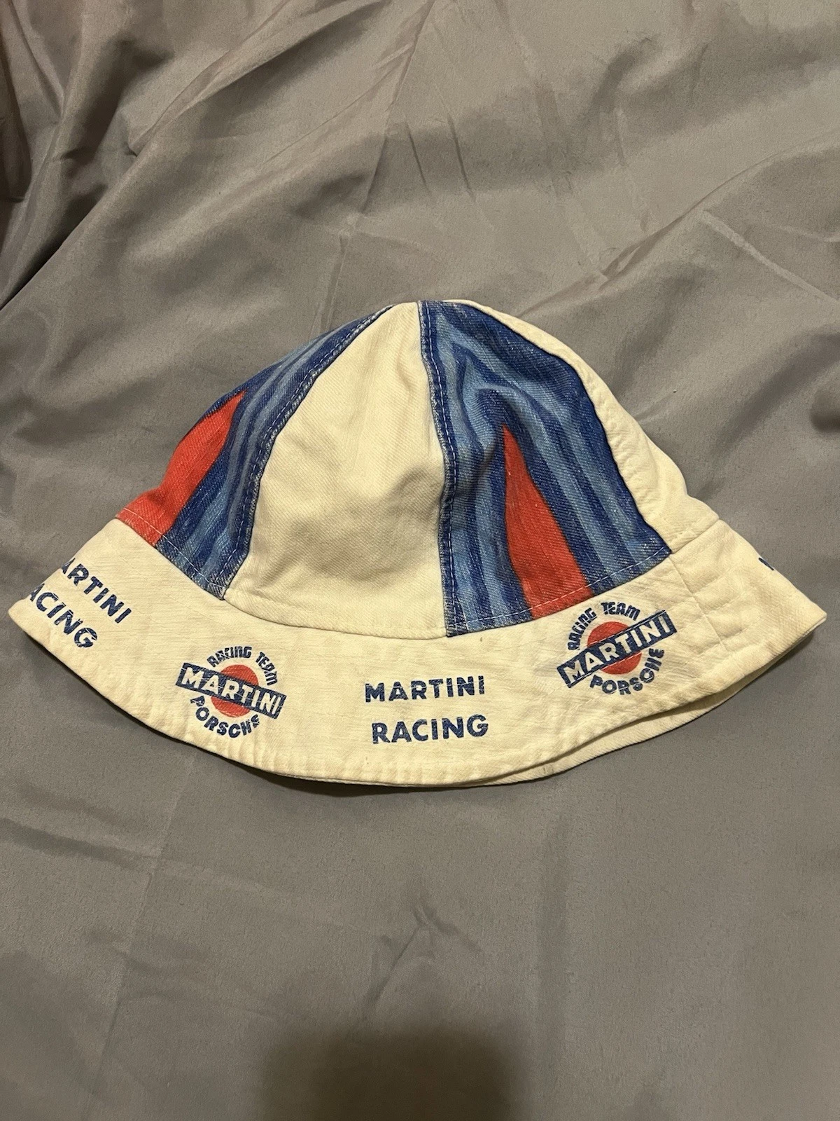 Martini Racing Men's Striped Bucket Hat Beige Blue Red Cars Racing
