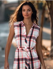Tommy Hilfiger Plaid Shirt Dress Ivory Size Medium Collar Sleeveless Belt