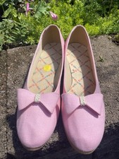 Vintage 70s 1970 s Browsabouts Wedge Espadrille Pink Canvas Shoes Bow Preppy 10