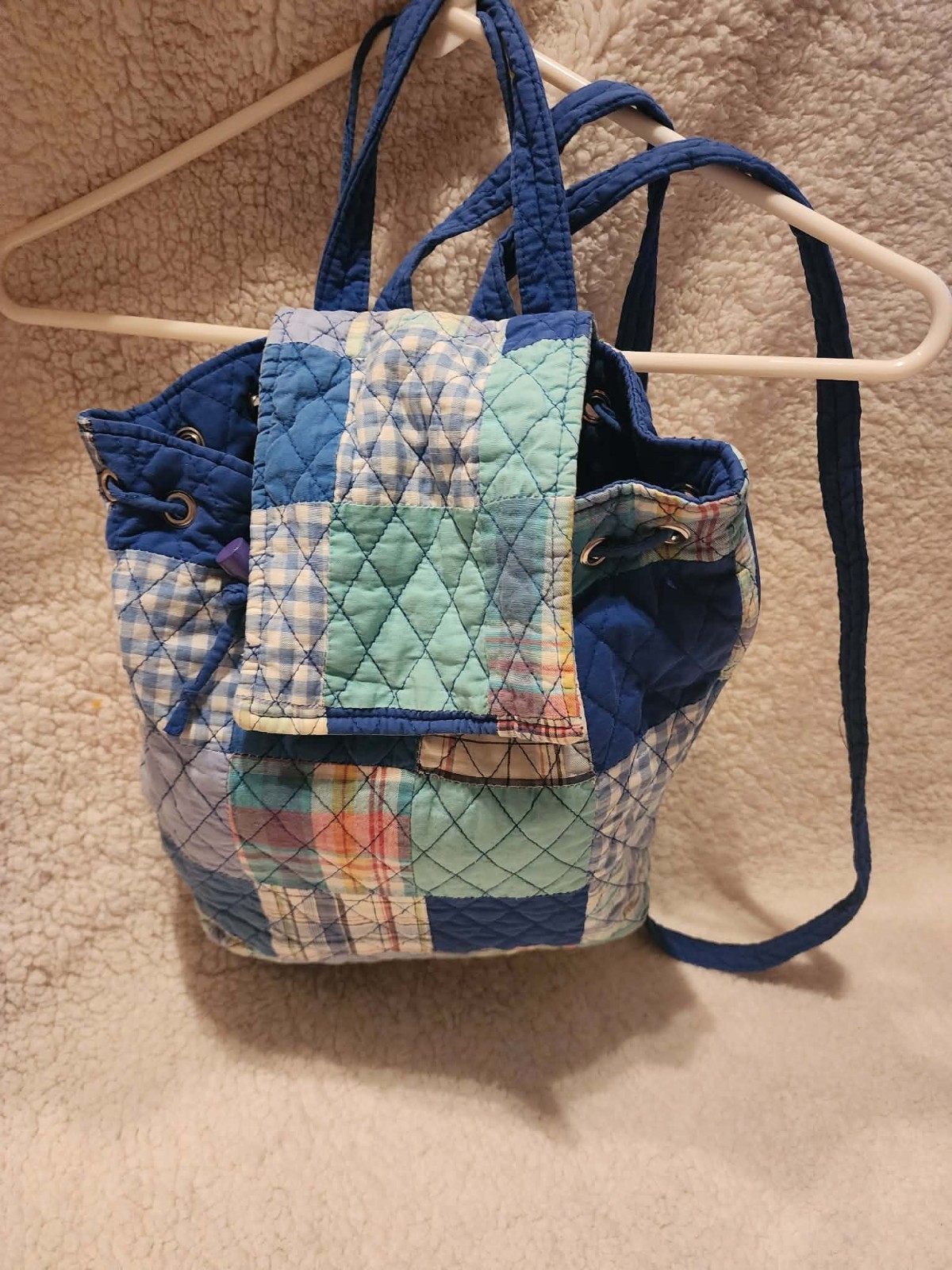 Blue Multicolor Patchwork Quilted Backpack Drawst… - image 3