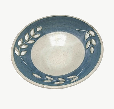 Handmade Studio Art Pottery Cutout Leaf Trinket Bowl Blue Cream Speckled ~Signed