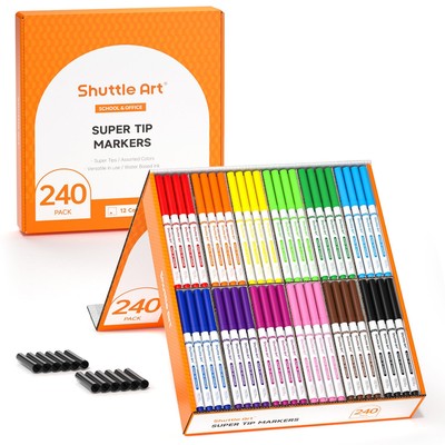 240 Pack Washable Super Tips Markers, 12 Assorted Colors Conical Tip Large Ma...
