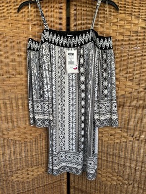 Three Pink Hearts Off Shoulder Mini Dress Black Tan Geometric Straps Size M