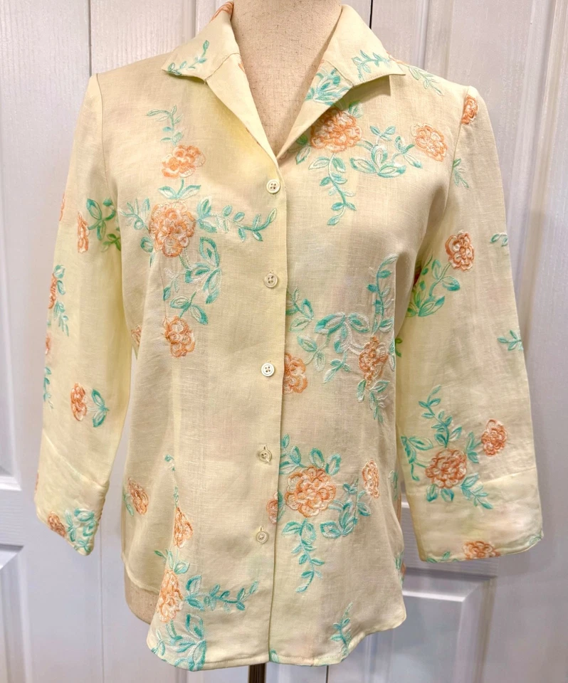 Camisa para mujer, talla 4, vintage de lino y bordada de Madison Studio, manga 3/4 Foto 2 de 4