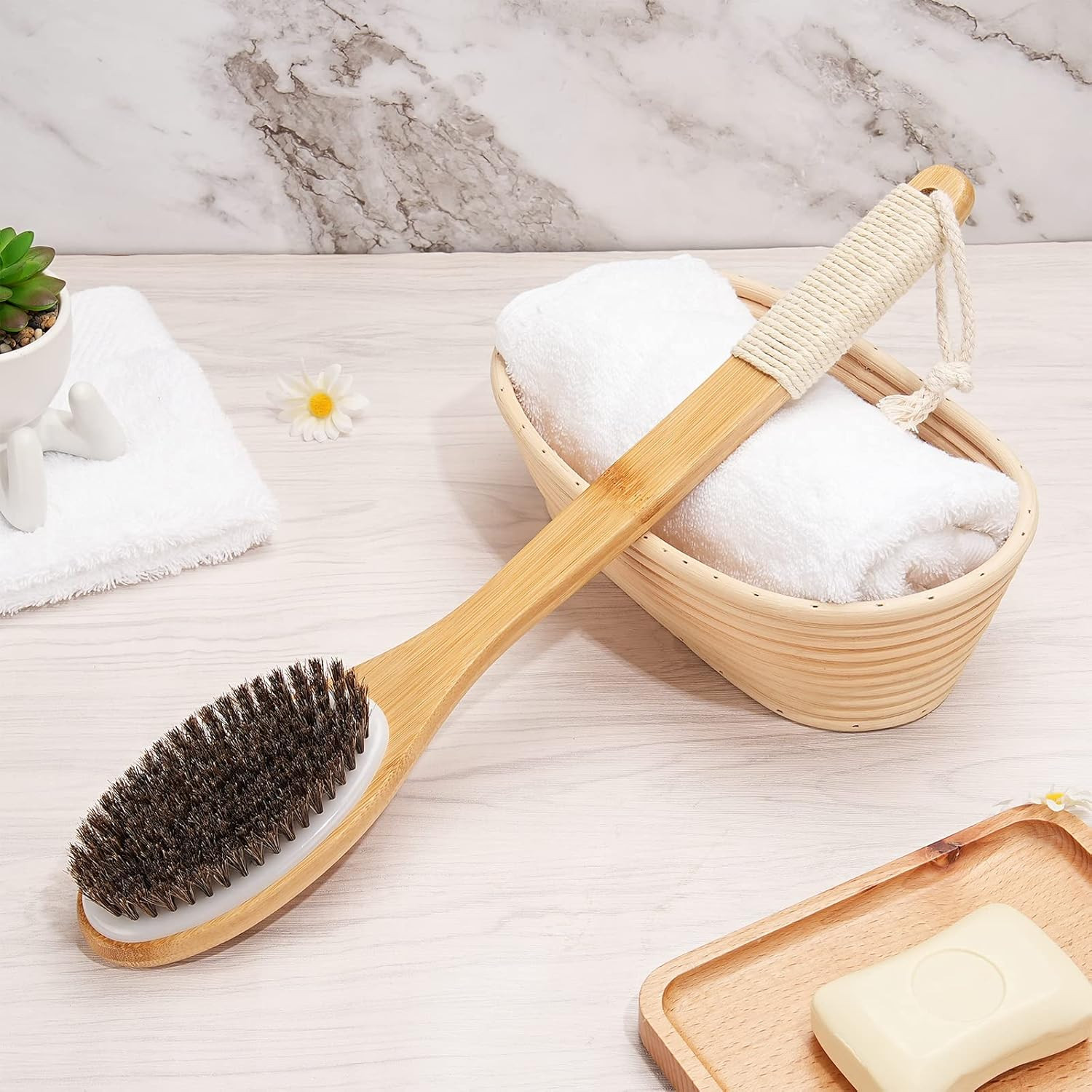 Bamboo Shower Brush with Curved Long Handle, 16.7 Inches Exfoliating Back Scrubb
