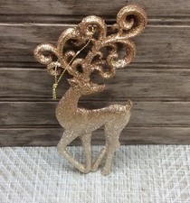 Christmas Ornament Reindeer Standing Glitter Gold Plastic Ornate Antlers 7" Vtg