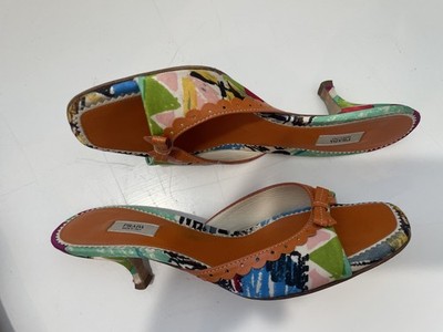 Authentic PRADA Multicolor Print Kitten Heel Slide Sandals   Made in Italy