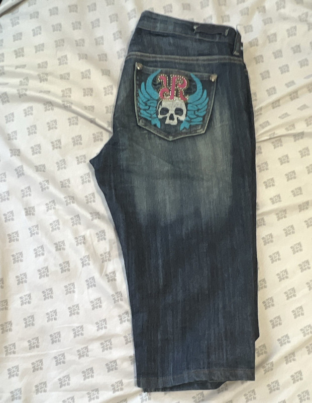 Rawest Blue Medium Wash Bootcut Jeans Low Rise Embroidered Skull Wings Studs