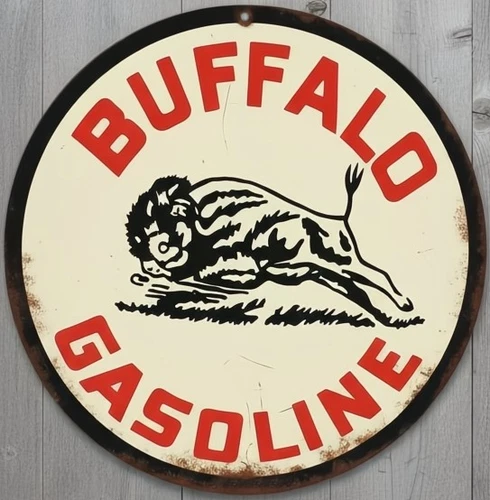 Buffalo Gasoline 8" Diameter Vintage Novelty Metal Sign Made In USA