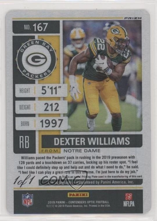 2019 Panini Contenders Optic Ticket 1/1 Dexter Williams #167 Rookie Auto RC a8r - Image 2 of 3