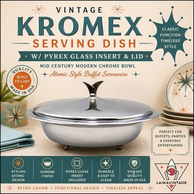 Kromex Chrome Serving Dish w/ Pyrex Glass Insert & Lid Mid Century Modern