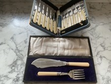 vintage boxed set of fish knives & forks featuring ivory-handles + serving set