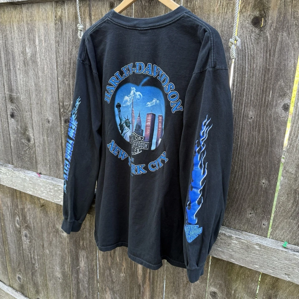 Camisa manga comprida vintage Y2K Harley Davidson Twin Towers GG New York City Blue Flame - Imagem 3 de 4