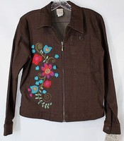 F.l. Malik Women's Small Brown Stretch Ls Zip Front Floral Aplique Jacket F.l. Malik Women's Small Brown Stretch Ls Zip Front Floral Aplique Jacket