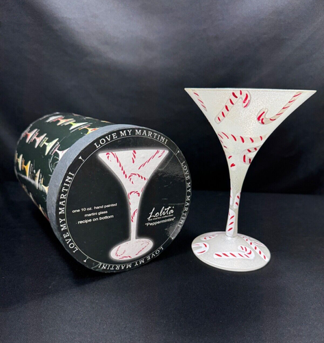 Lolita PEPPERMINTINI 10oz Martini Glass Candy Cane Hand Painted Christmas Bar