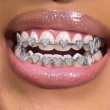2PCS ICED Out CZ Teeth Grillz For Men Women Hip Hop Silver Vampire Heart Grillz