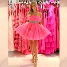 Pink Sparkle Tulle Beading Ruched Party A-line Strapless Mini Dresses