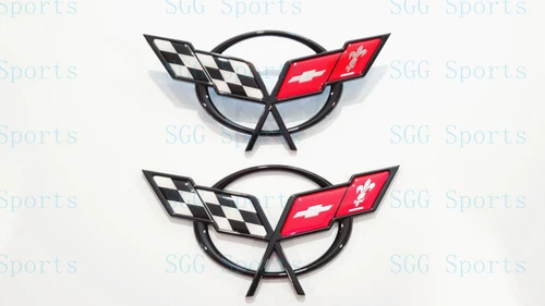2PC 1997-2004 C5 Corvette Black Front Bumper Rear Deck Lid Cross Flags Emblem