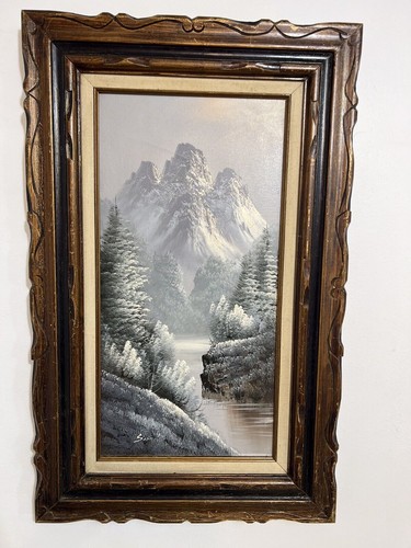Signed Simon Oil Painting - Snow-Covered Mountain Landscape with Carved Wooden F - Picture 2 of 4