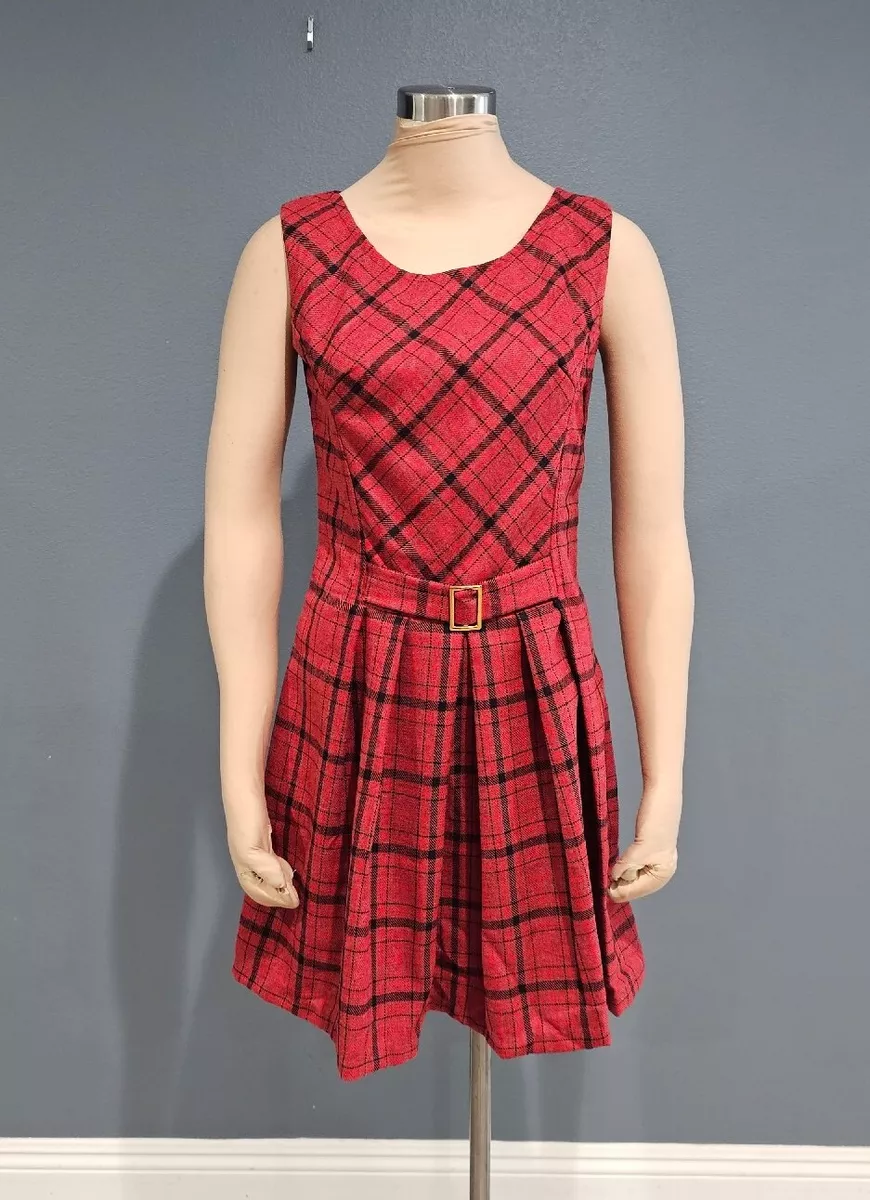Vintage 60s 70s Red Mod Plaid Wool Fit Flare Pleated Jumper Dress S/M