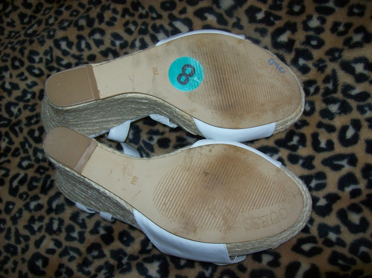 Guess Women's White Leather Espadrille Wedge Sandals Strappy