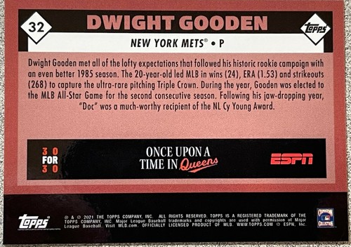 2021 Topps X Once Upon a Time in Queens Collectors Edition #32 Dwight Gooden - Picture 2 of 2