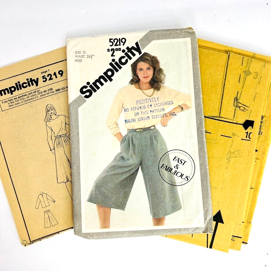 Vintage Simplicity Sewing Pattern Sz 12 Waist 26.5 Culottes