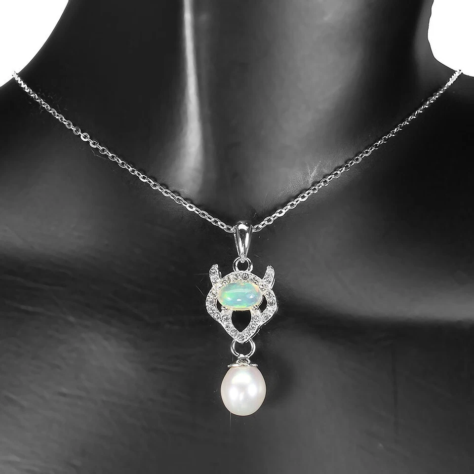 925 Sterlingsilber Halskette Oval Feuer Opal 6x4mm Weiß Topas Perle Edelstein 18 - Bild 2 von 4