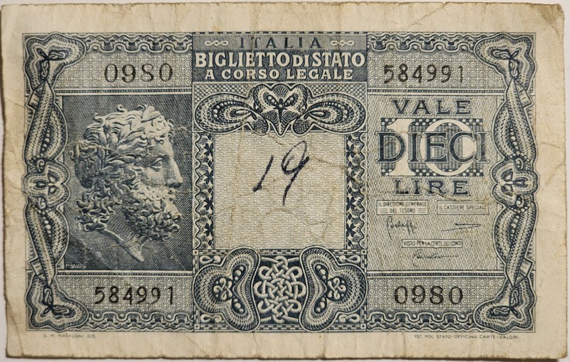 WWII Wartime Italy 1944 10 Lire Biglietto Di Stato (State Ticket) Series 0980