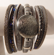 Boho Gray Faux Drusy Multi Cord Faux Leather Magnetic Clasp Bracelet 7 in Great