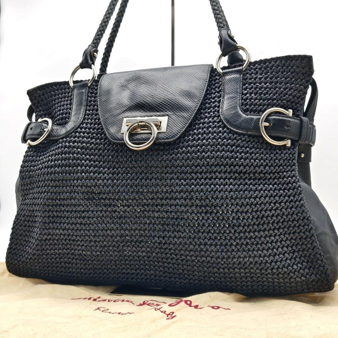SALVATORE FERRAGAMO Straw Leather Tote Bag Black Gancini Woven