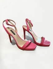 Nine West Hot Pink Patent Square Toe Stiletto Ankle Strap Heels Sandal - Size 9