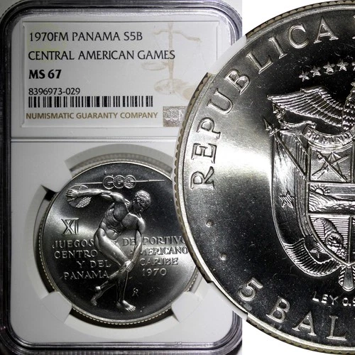 Panama Silver 1970 FM 5 Balboas NGC MS67 Central American Games KM#28 (029)