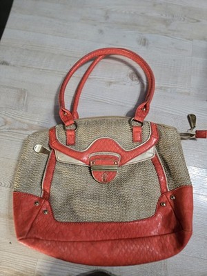 J Lo Jennifer Lopez orange croc Faux leather gold tan straw shoulder bag purse