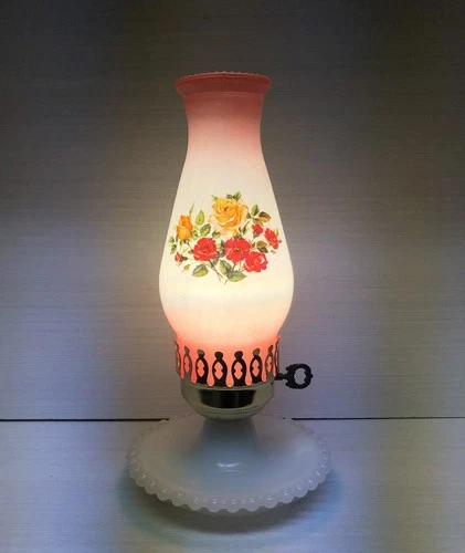 Vtg Floral Hobnail Milk Glass Boudoir Frosted ombré Scalloped Hurricane Lamp MCM