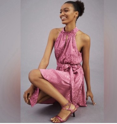 Anthropologie Rose Pink Jacquard Halter Mini Dress Small Keyhole Pockets