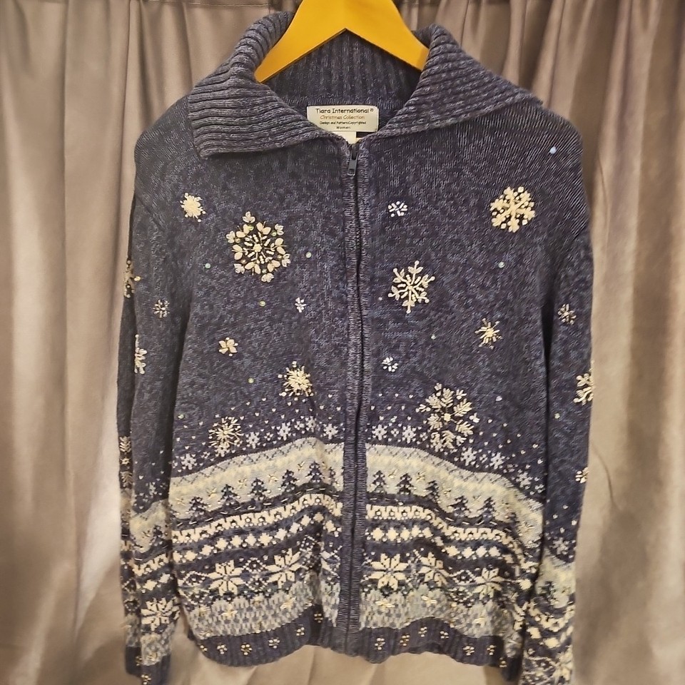 Pull De Noël Vintage Tiara - Taille PL (Petite Large) Rouge - Brodé Bonhommes De Neige - Fermeture Zip