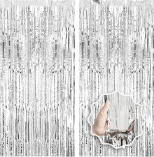2 Pack Foil Curtain Backdrop Curtains Silver Tinsel Door Streamers Birthday