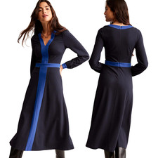Boden Colour Block V-Neck Midi Dress Women's 6R Navy Blue Ponte Jersey Career