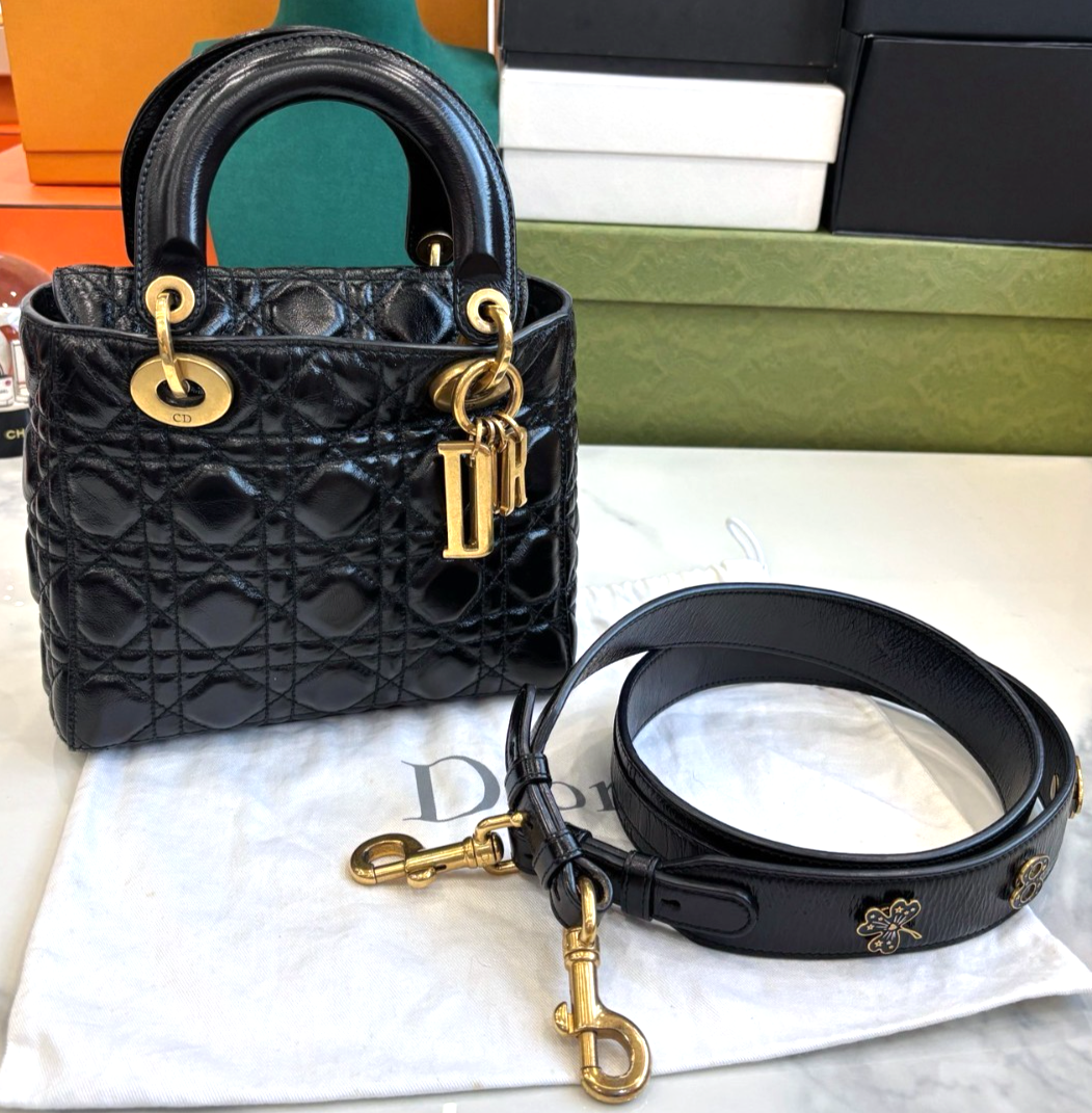 Christian Dior Lady Top Handle Black Gold Shoulder Bag for Women