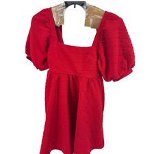 Free People Red Textured Puff Sleeve Square Neck Mini Dress Prairie