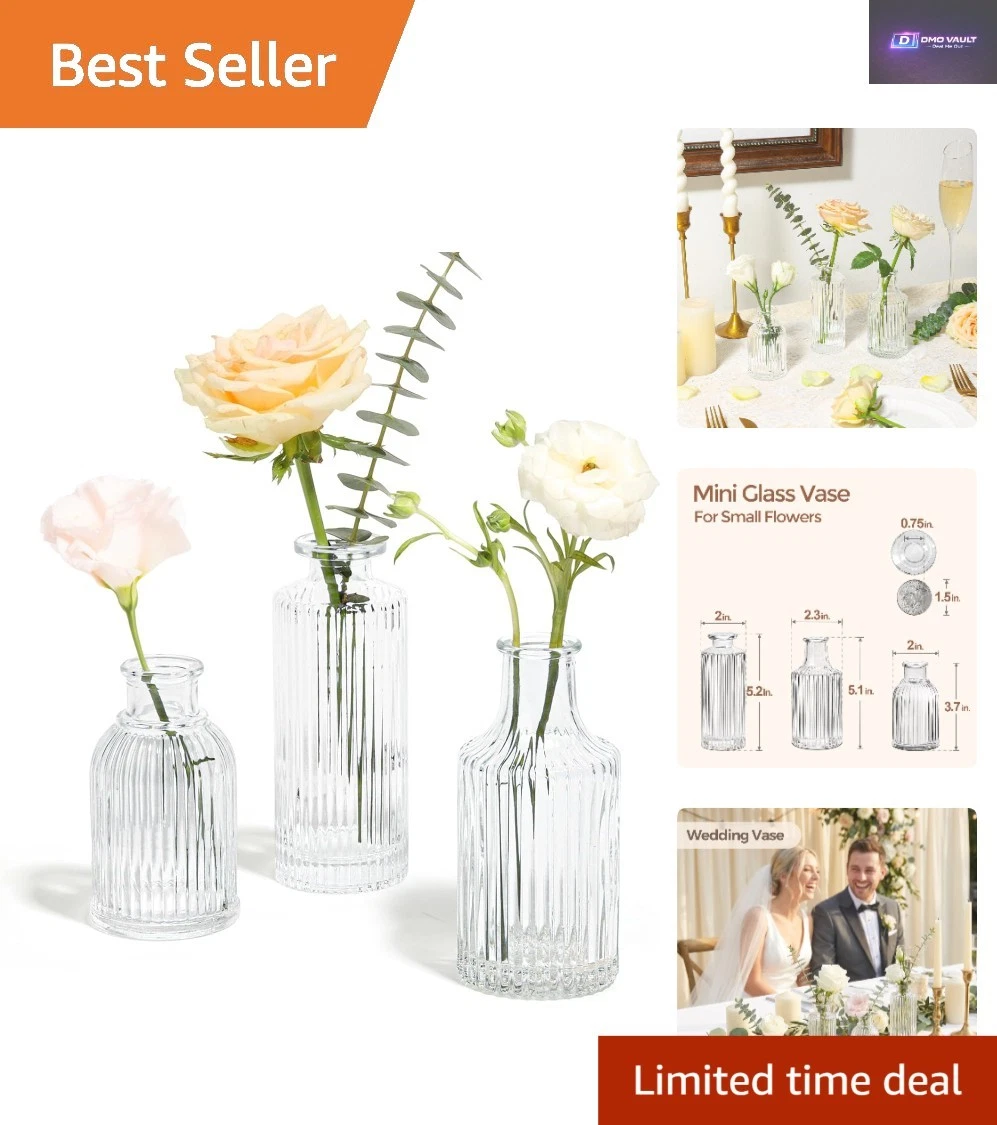 Elegant Vintage Ribbed Glass Bud Vases Set of 3 for Centerpieces and Decor