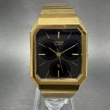 Citizen CQ Tank Watch Men 26mm Black Dial Gold Tone Octagon New Battery