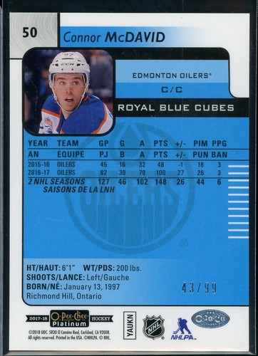 2017-18 O-Pee-Chee Platinum Royal Blue Cubes #50 Connor McDavid 43/99 - Picture 2 of 2