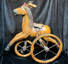 Vintage Wooden Horse Tricycle Toy Hand Carved Leather Saddle Antique Folk