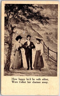 Love Triangle Man With Two Escort Ladies ''How Happy He'd Be With Either Postcard