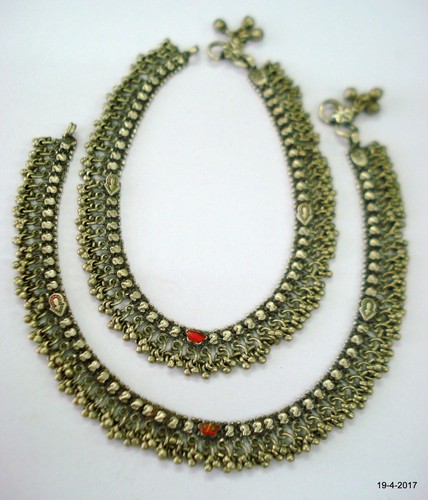 vintage Antique tribal old silver anklet feet bracelet ankle chain handmade - Foto 1 di 6