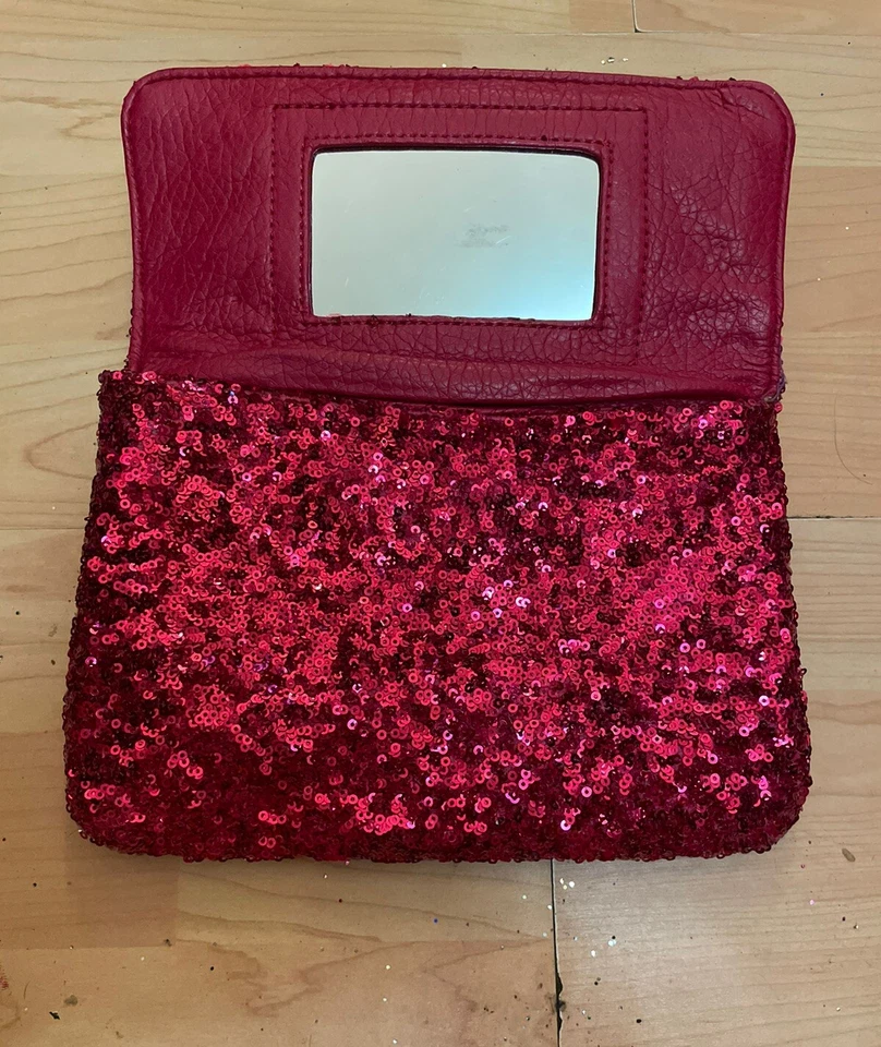 Cartera sin asas DEUX LUX roja y plateada con moño brillante lentejuelas con espejo 9x6"" Foto 3 de 4