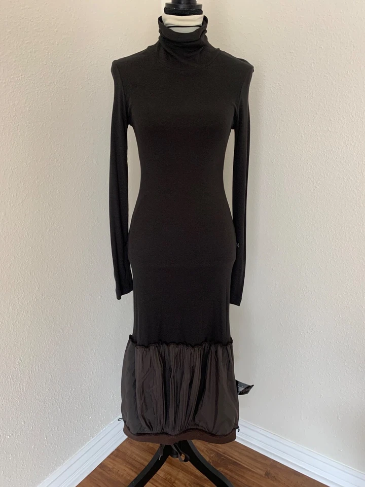 Cop-Copine Womens Brown Turtleneck Long Sleeve Fitted Bubble Hem Dress Logo Sz S - Image 4 of 4